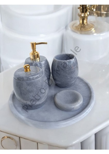 Gri Mermer Oval Model 5 Parça Gold Renk Düğme Aksesuarlı Banyo Seti