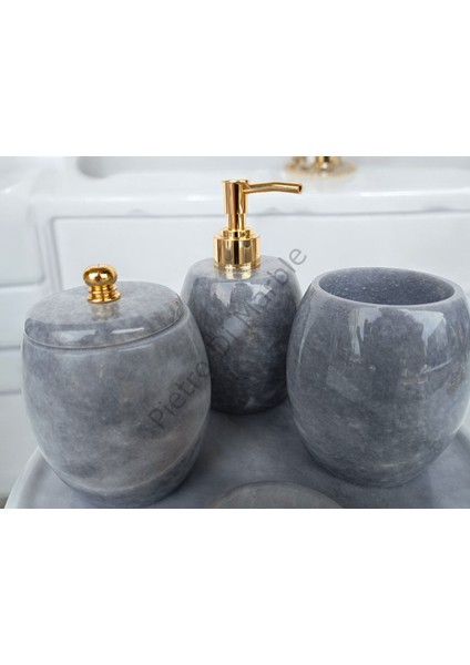 Gri Mermer Oval Model 5 Parça Gold Renk Düğme Aksesuarlı Banyo Seti