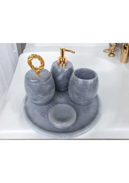 Gri Mermer Oval Model 5 Parça Gold Renk Halka Aksesuarlı Banyo Seti