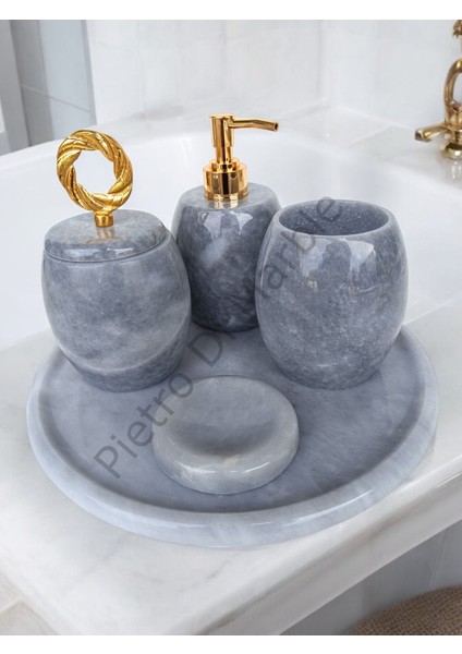 Gri Mermer Oval Model 5 Parça Gold Renk Halka Aksesuarlı Banyo Seti