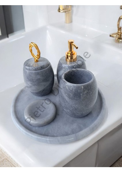 Gri Mermer Oval Model 5 Parça Gold Renk Halka Aksesuarlı Banyo Seti