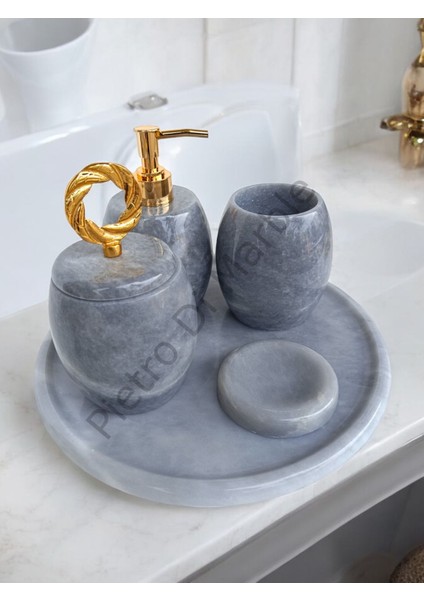 Gri Mermer Oval Model 5 Parça Gold Renk Halka Aksesuarlı Banyo Seti