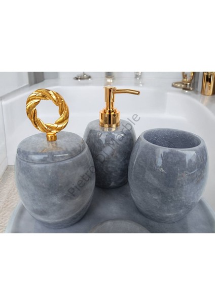 Gri Mermer Oval Model 5 Parça Gold Renk Halka Aksesuarlı Banyo Seti