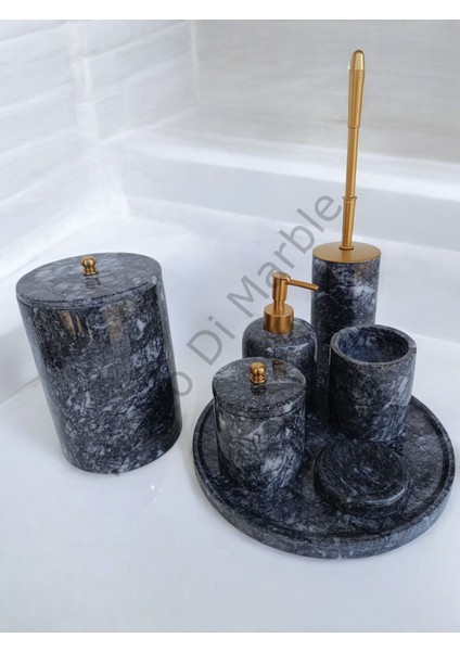 Antrasit Mermer Klasik Model 7 Parça Mat Gold Renk Düğme Aksesuarlı Banyo Seti