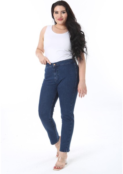 Kadın Büyük Beden Lacivert Arka Bel Lastikli 2 Cepli Likralı Kot Pantolon 65N38274