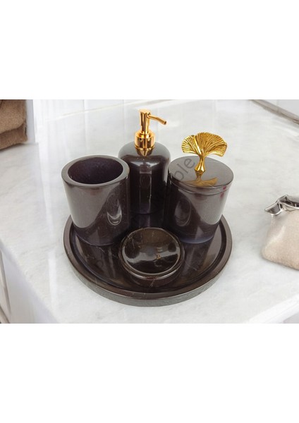 Siyah Mermer Klasik Model 5 Parça Gold Renk Japon Gülü Aksesuarlı Banyo Seti