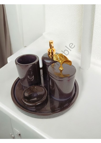 Siyah Mermer Klasik Model 5 Parça Gold Renk Japon Gülü Aksesuarlı Banyo Seti