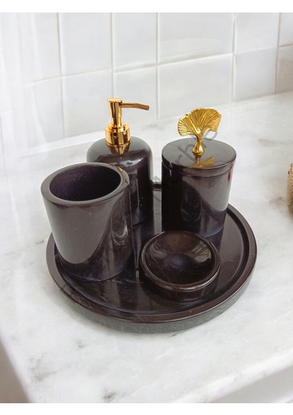 Siyah Mermer Klasik Model 5 Parça Gold Renk Japon Gülü Aksesuarlı Banyo Seti