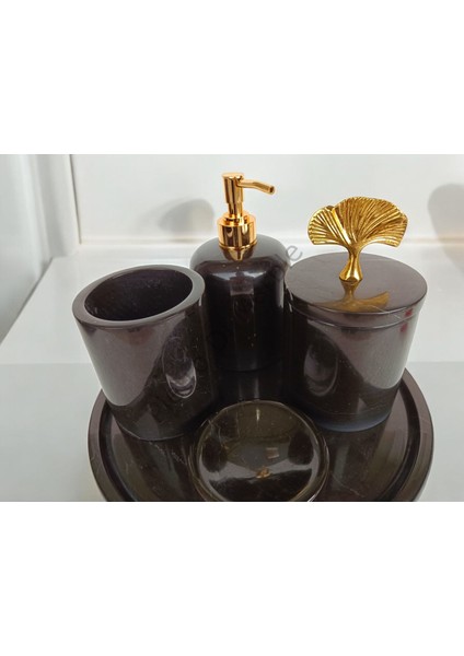 Siyah Mermer Klasik Model 5 Parça Gold Renk Japon Gülü Aksesuarlı Banyo Seti