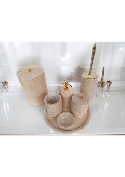 Sarı Traverten Klasik Model 7 Parça Gold Renk Düğme Aksesuarlı Banyo Seti