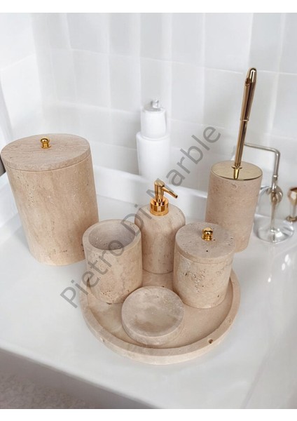 Sarı Traverten Klasik Model 7 Parça Gold Renk Düğme Aksesuarlı Banyo Seti fiyatları