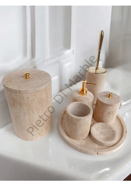 Sarı Traverten Klasik Model 7 Parça Gold Renk Düğme Aksesuarlı Banyo Seti modelleri