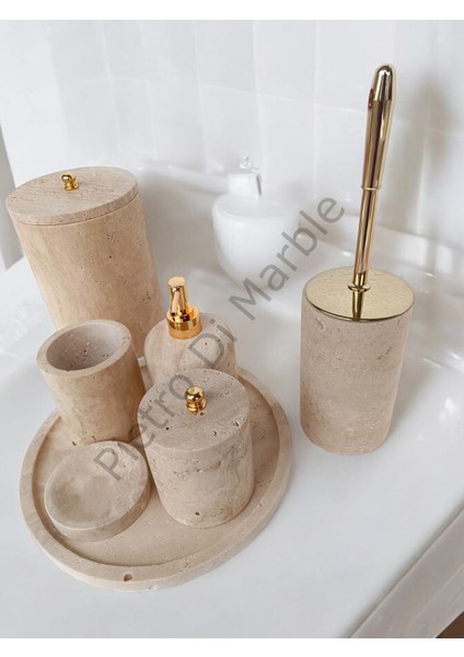 Sarı Traverten Klasik Model 7 Parça Gold Renk Düğme Aksesuarlı Banyo Seti fırsatları