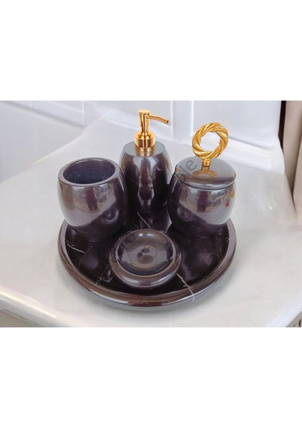 Siyah Mermer Oval Model 5 Parça Gold Renk Halka Aksesuarlı Banyo Seti