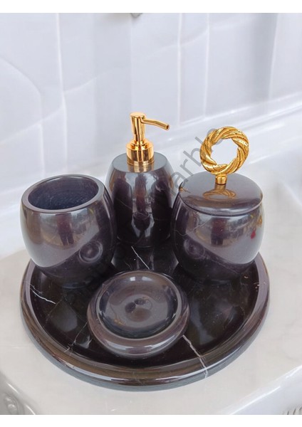 Siyah Mermer Oval Model 5 Parça Gold Renk Halka Aksesuarlı Banyo Seti