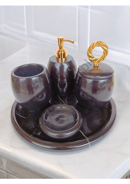 Siyah Mermer Oval Model 5 Parça Gold Renk Halka Aksesuarlı Banyo Seti