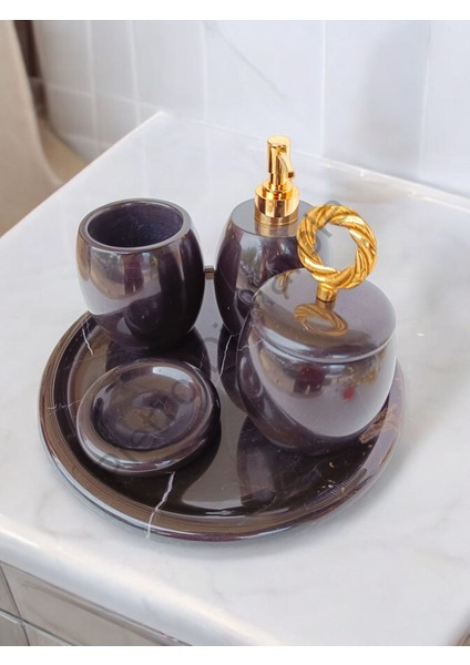 Siyah Mermer Oval Model 5 Parça Gold Renk Halka Aksesuarlı Banyo Seti