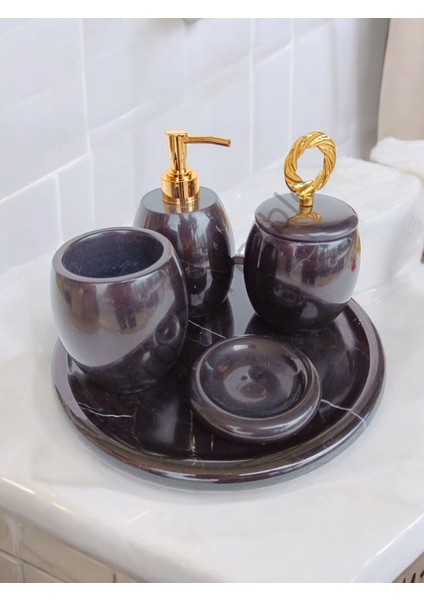 Siyah Mermer Oval Model 5 Parça Gold Renk Halka Aksesuarlı Banyo Seti
