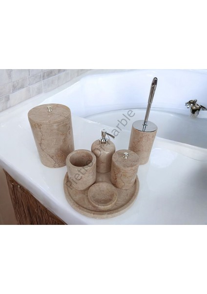 Bej Mermer Klasik Model 7 Parça Gümüş Renk Düğme Aksesuarlı Banyo Seti