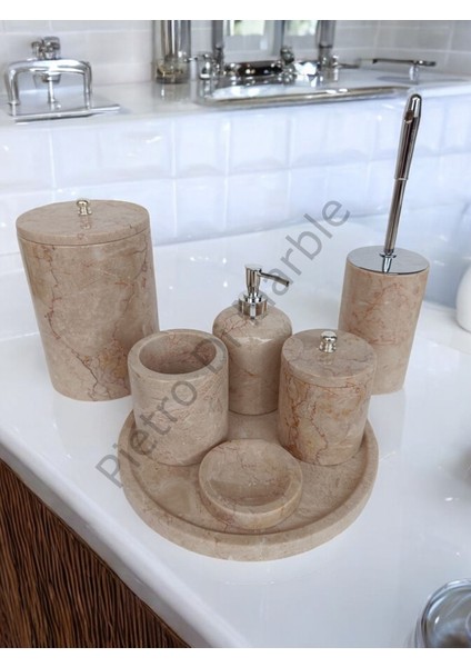 Bej Mermer Klasik Model 7 Parça Gümüş Renk Düğme Aksesuarlı Banyo Seti