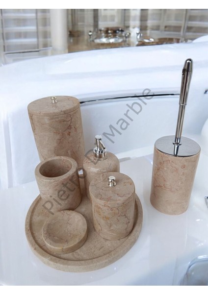 Bej Mermer Klasik Model 7 Parça Gümüş Renk Düğme Aksesuarlı Banyo Seti