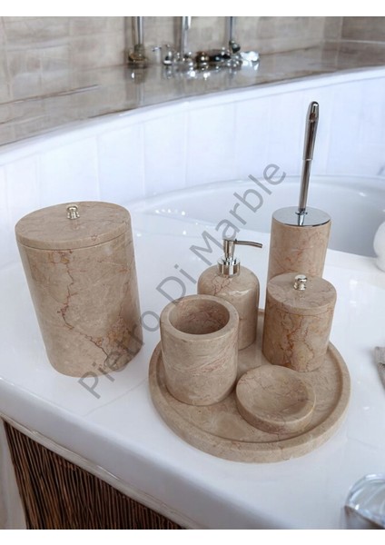 Bej Mermer Klasik Model 7 Parça Gümüş Renk Düğme Aksesuarlı Banyo Seti