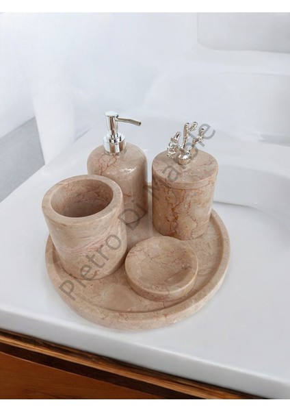 Bej Mermer Klasik Model 5 Parça Gümüş Renk Mercan Aksesuarlı Banyo Seti