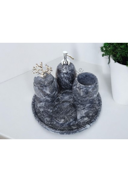Antrasit Mermer Oval Model 5 Parça Gümüş Renk Mercan Aksesuarlı Banyo Seti