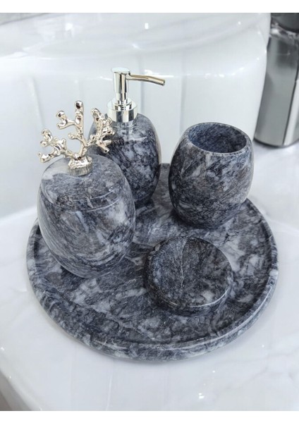 Antrasit Mermer Oval Model 5 Parça Gümüş Renk Mercan Aksesuarlı Banyo Seti
