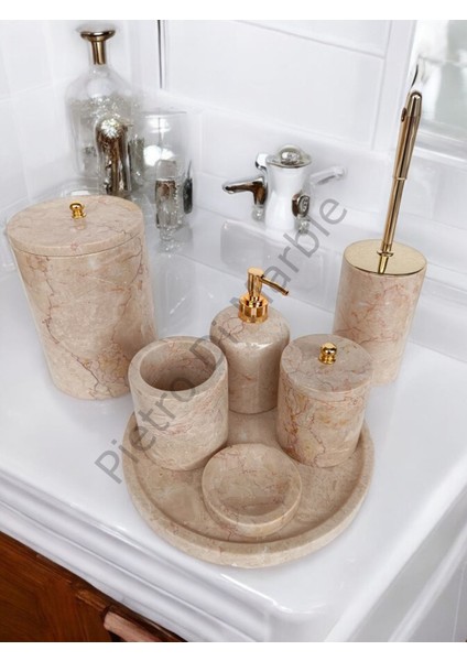 Bej Mermer Klasik Model 7 Parça Gold Renk Düğme Aksesuarlı Banyo Seti