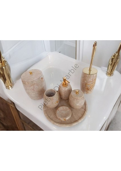 Bej Mermer Oval Model 7 Parça Gold Renk Düğme Aksesuarlı Banyo Seti