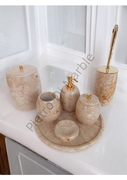 Bej Mermer Oval Model 7 Parça Gold Renk Düğme Aksesuarlı Banyo Seti