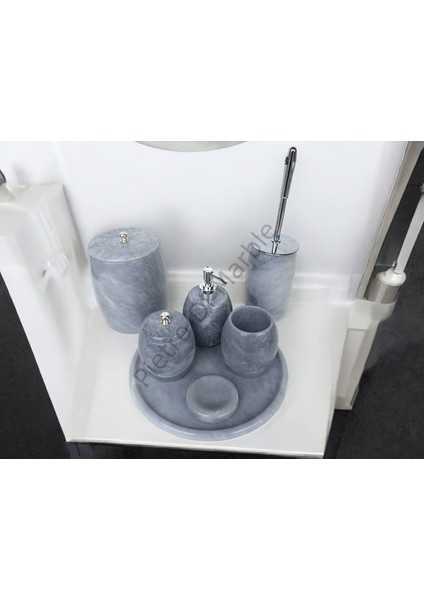 Gri Mermer Oval Model 7 Parça Gümüş Renk Düğme Aksesuarlı Banyo Seti