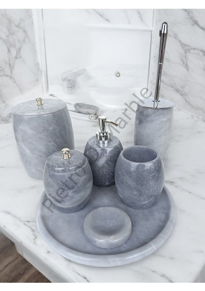 Gri Mermer Oval Model 7 Parça Gümüş Renk Düğme Aksesuarlı Banyo Seti