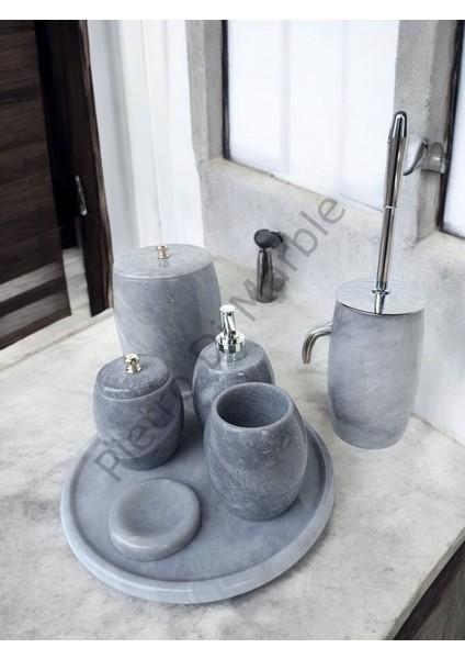 Gri Mermer Oval Model 7 Parça Gümüş Renk Düğme Aksesuarlı Banyo Seti