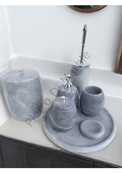 Gri Mermer Oval Model 7 Parça Gümüş Renk Düğme Aksesuarlı Banyo Seti