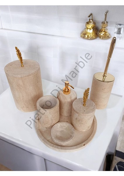 Sarı Traverten Klasik Model 7 Parça Gold Renk Kuş Tüyü Aksesuarlı Banyo Seti