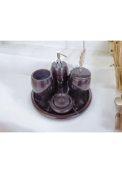 Siyah Mermer Oval Model 5 Parça Gümüş Renk Kuş Tüyü Aksesuarlı Banyo Seti
