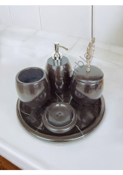 Siyah Mermer Oval Model 5 Parça Gümüş Renk Kuş Tüyü Aksesuarlı Banyo Seti