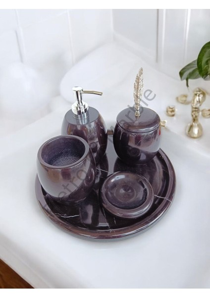 Siyah Mermer Oval Model 5 Parça Gümüş Renk Kuş Tüyü Aksesuarlı Banyo Seti