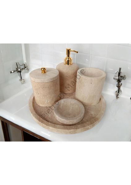 Sarı Traverten Klasik Model 5 Parça Gold Renk Düğme Aksesuarlı Banyo Seti