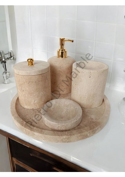 Sarı Traverten Klasik Model 5 Parça Gold Renk Düğme Aksesuarlı Banyo Seti