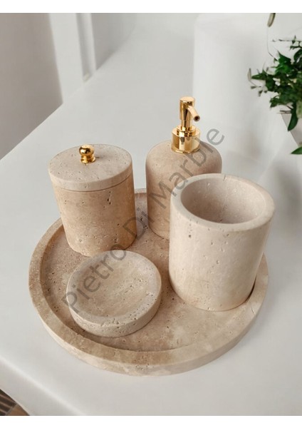 Sarı Traverten Klasik Model 5 Parça Gold Renk Düğme Aksesuarlı Banyo Seti