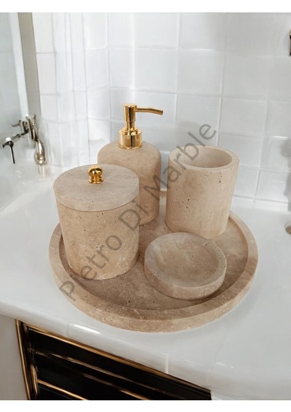 Sarı Traverten Klasik Model 5 Parça Gold Renk Düğme Aksesuarlı Banyo Seti