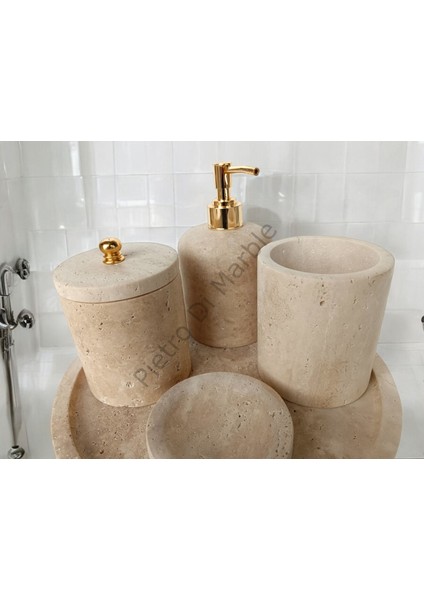 Sarı Traverten Klasik Model 5 Parça Gold Renk Düğme Aksesuarlı Banyo Seti