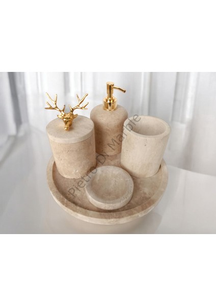 Sarı Traverten Klasik Model 5 Parça Gold Renk Geyik Aksesuarlı Banyo Seti