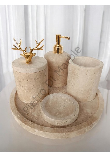 Sarı Traverten Klasik Model 5 Parça Gold Renk Geyik Aksesuarlı Banyo Seti