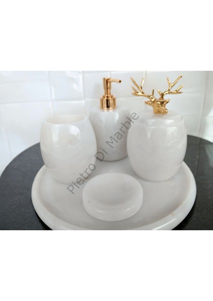 Beyaz Mermer Oval Model 5 Parça Gold Renk Geyik Aksesuarlı Banyo Seti
