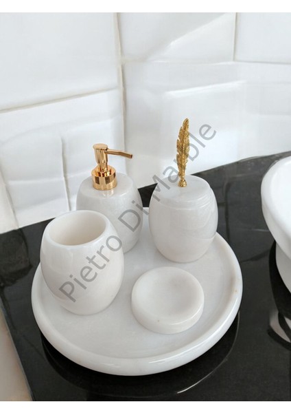 Beyaz Mermer Oval Model 5 Parça Gold Renk Kuş Tüyü Aksesuarlı Banyo Seti