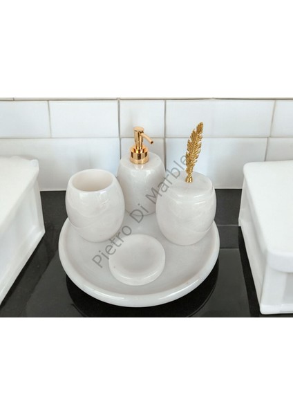 Beyaz Mermer Oval Model 5 Parça Gold Renk Kuş Tüyü Aksesuarlı Banyo Seti